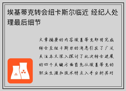 埃基蒂克转会纽卡斯尔临近 经纪人处理最后细节
